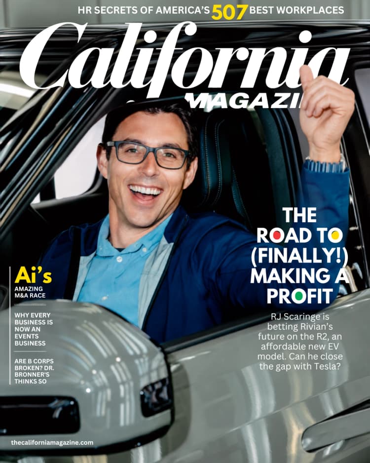 The California Magazine cover: RJ Scaringe at the wheel of a Rivian R2
